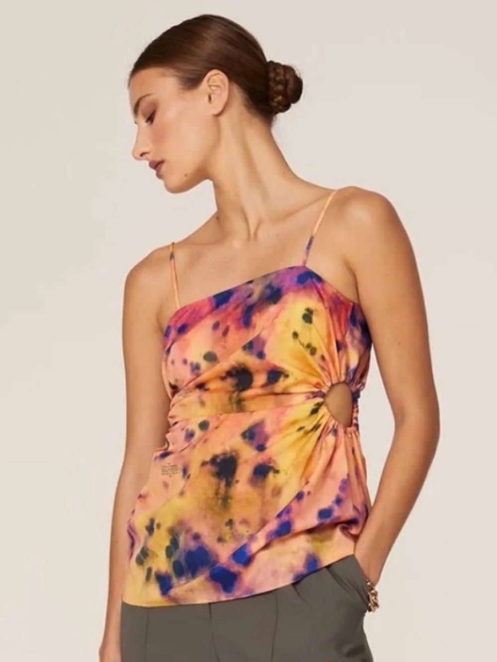 ROKH Gathered Waist Top in Tie Dye Orange Purple Multicolor Size EU 36 US XS